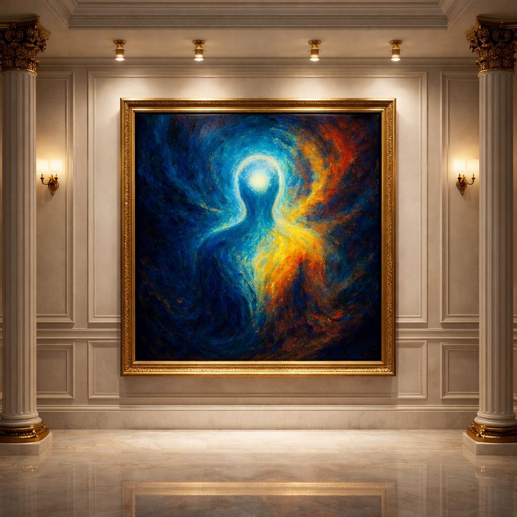 Spirituelles Werk mit goldener Lichtgestalt auf dunklem Grund
